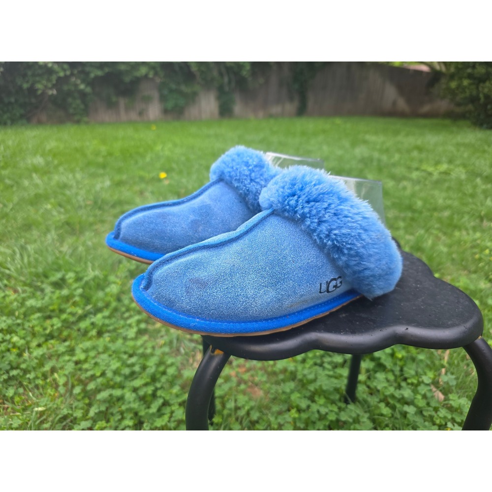 UGG Coquette Blue Suede Sheepskin Fur Lined Slippers Scuffs 5125